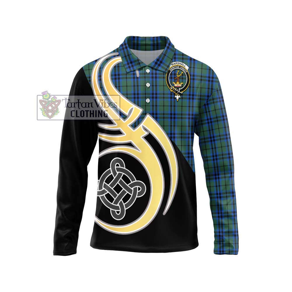 Marshall Tartan Long Sleeve Polo Shirt with Family Crest and Celtic Symbol Style Unisex - Tartan Vibes Clothing