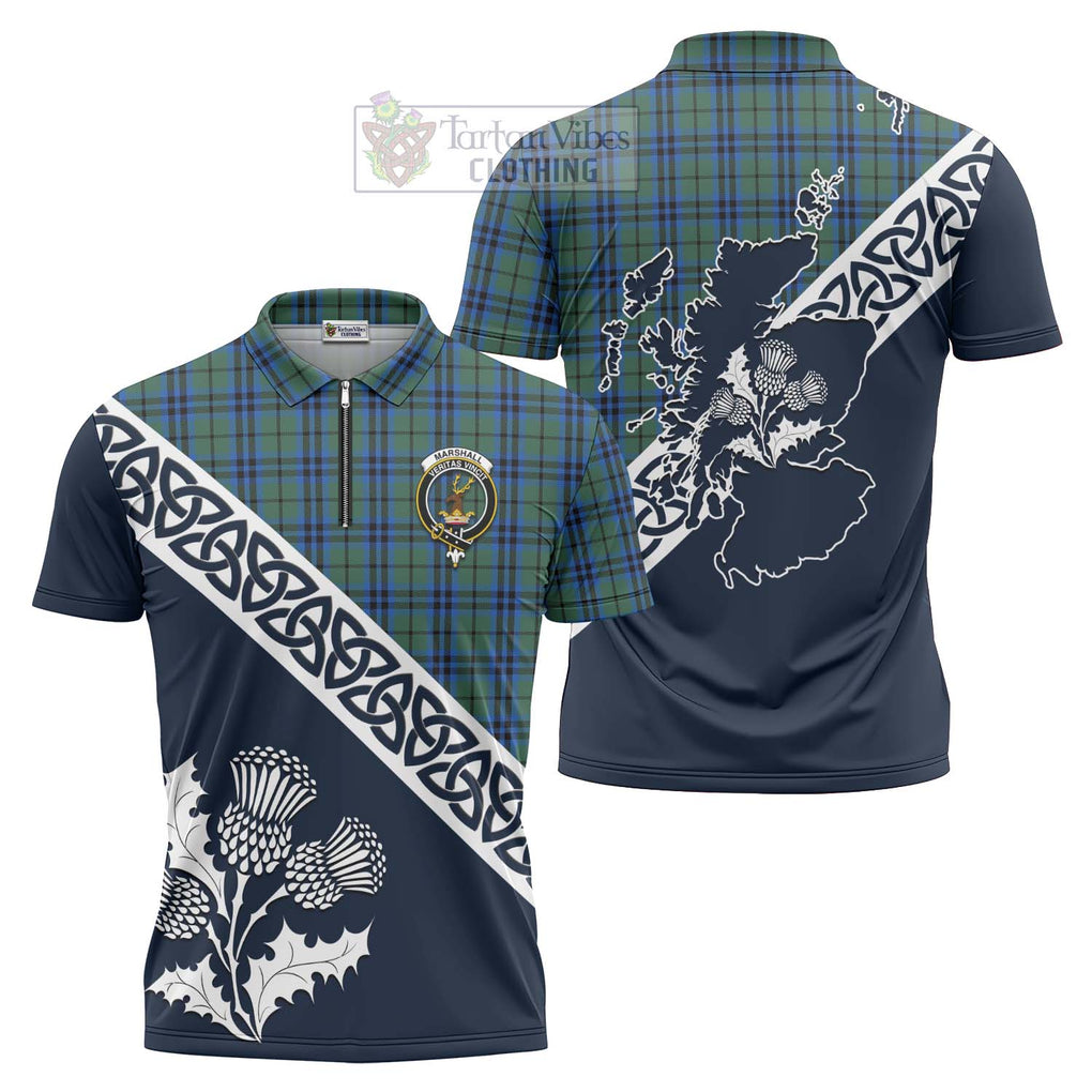 Tartan Vibes Clothing Marshall Tartan Zipper Polo Shirt Featuring Thistle and Scotland Map