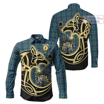 Marshall Tartan Long Sleeve Button Shirt with Family Crest Celtic Wolf Style Men's Shirt S - Tartan Vibes Clothing