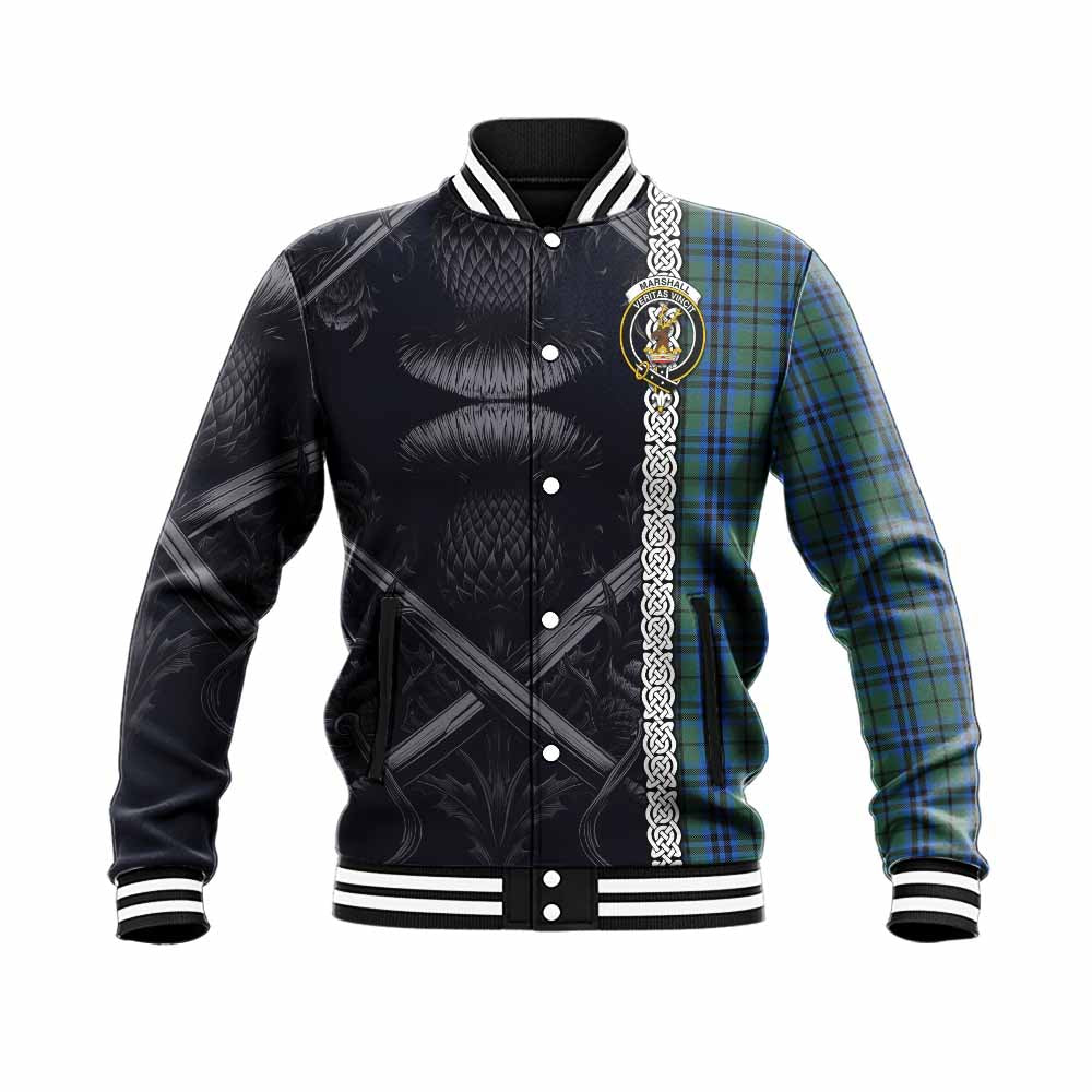 Tartan Vibes Clothing Marshall Tartan Baseball Jacket with Family Crest Cross Sword Thistle Celtic Vibes