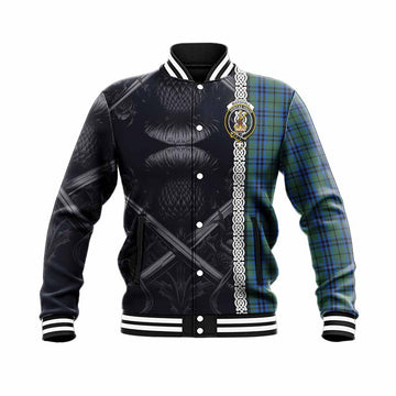 Marshall Tartan Baseball Jacket with Family Crest Cross Sword Thistle Celtic Vibes