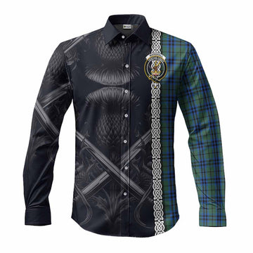 Marshall Tartan Long Sleeve Button Shirt with Family Crest Cross Sword Thistle Celtic Vibes