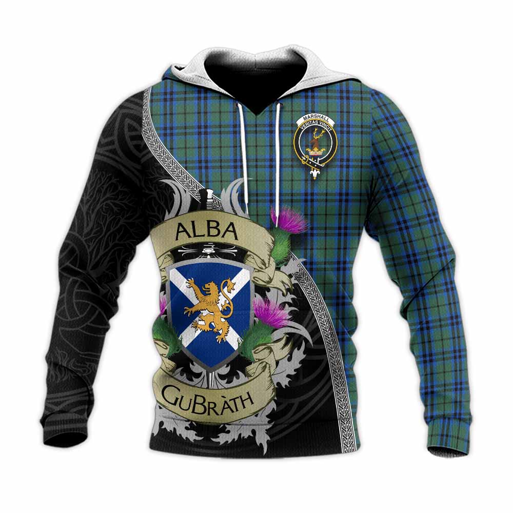 Marshall Tartan Family Crest Knitted Hoodie Lion Rampant Royal Thistle Shield Celtic Inspired Unisex Knitted Pullover Hoodie - Tartan Vibes Clothing