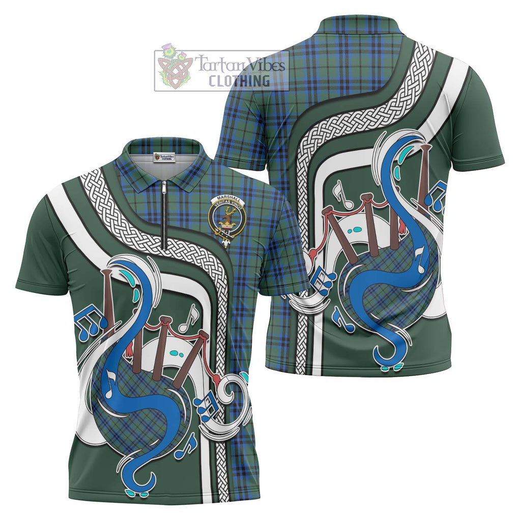 Marshall Tartan Zipper Polo Shirt with Epic Bagpipe Style Unisex - Tartanvibesclothing Shop