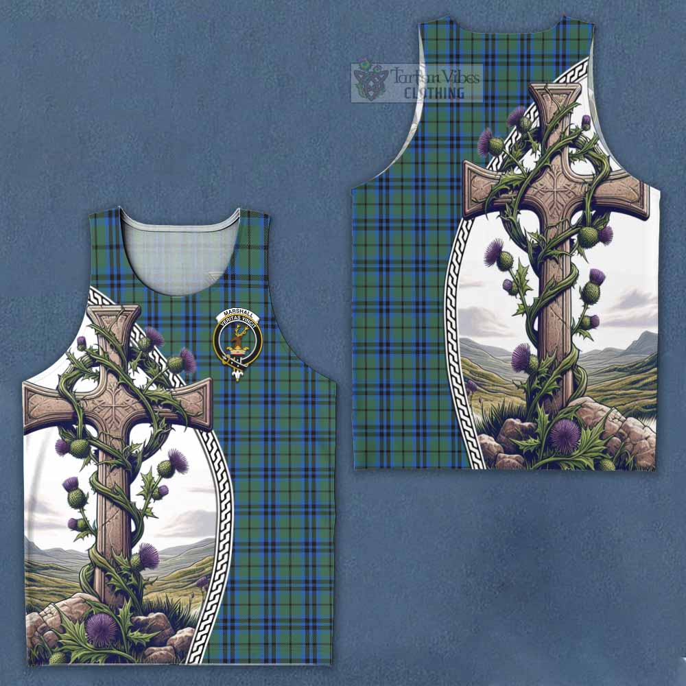 Tartan Vibes Clothing Marshall Tartan Men's Tank Top with Family Crest and St. Andrew's Cross Accented by Thistle Vines