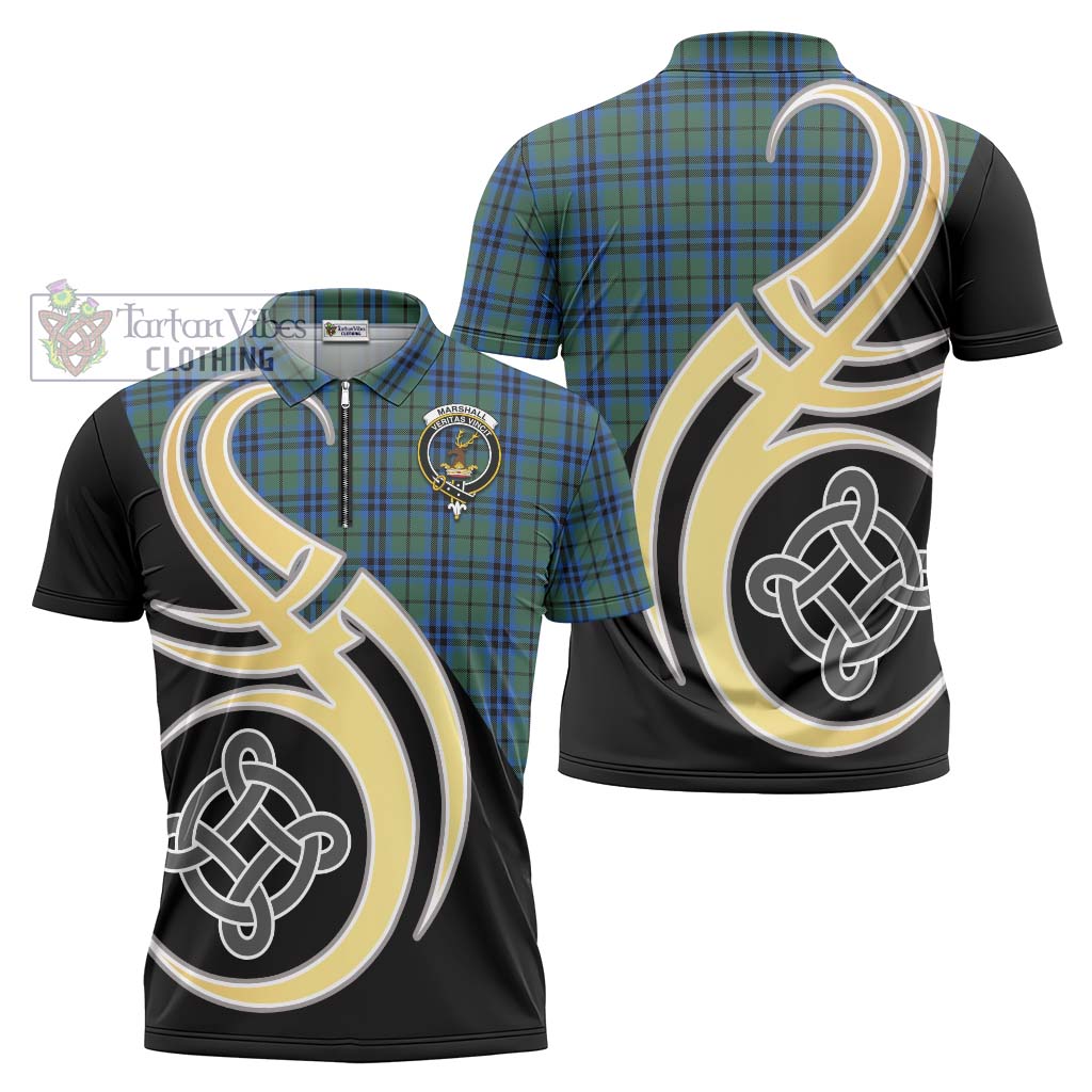 Tartan Vibes Clothing Marshall Tartan Zipper Polo Shirt with Family Crest and Celtic Symbol Style