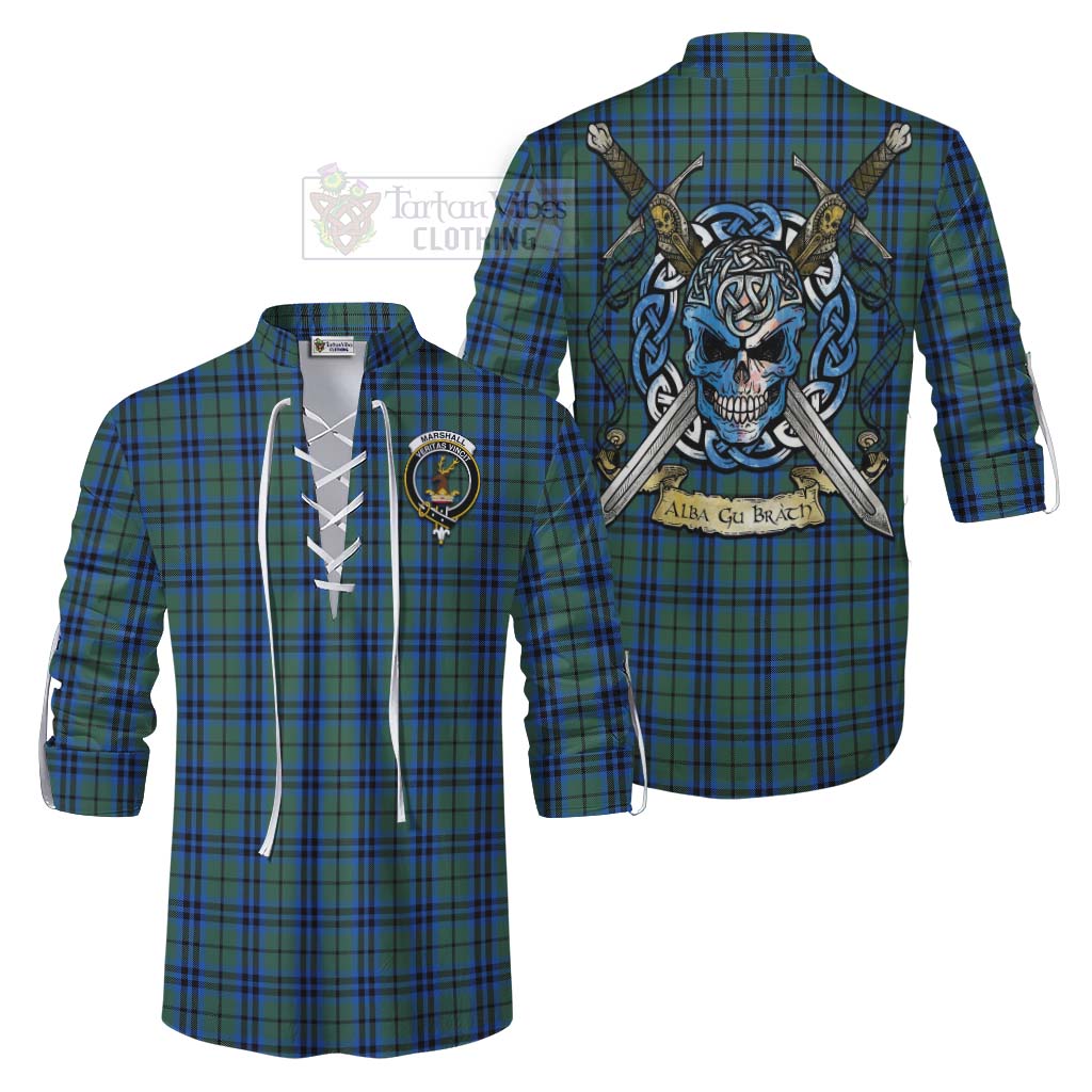 Marshall Tartan Ghillie Kilt Shirt with Family Crest Celtic Skull Style Men - Tartan Vibes Clothing