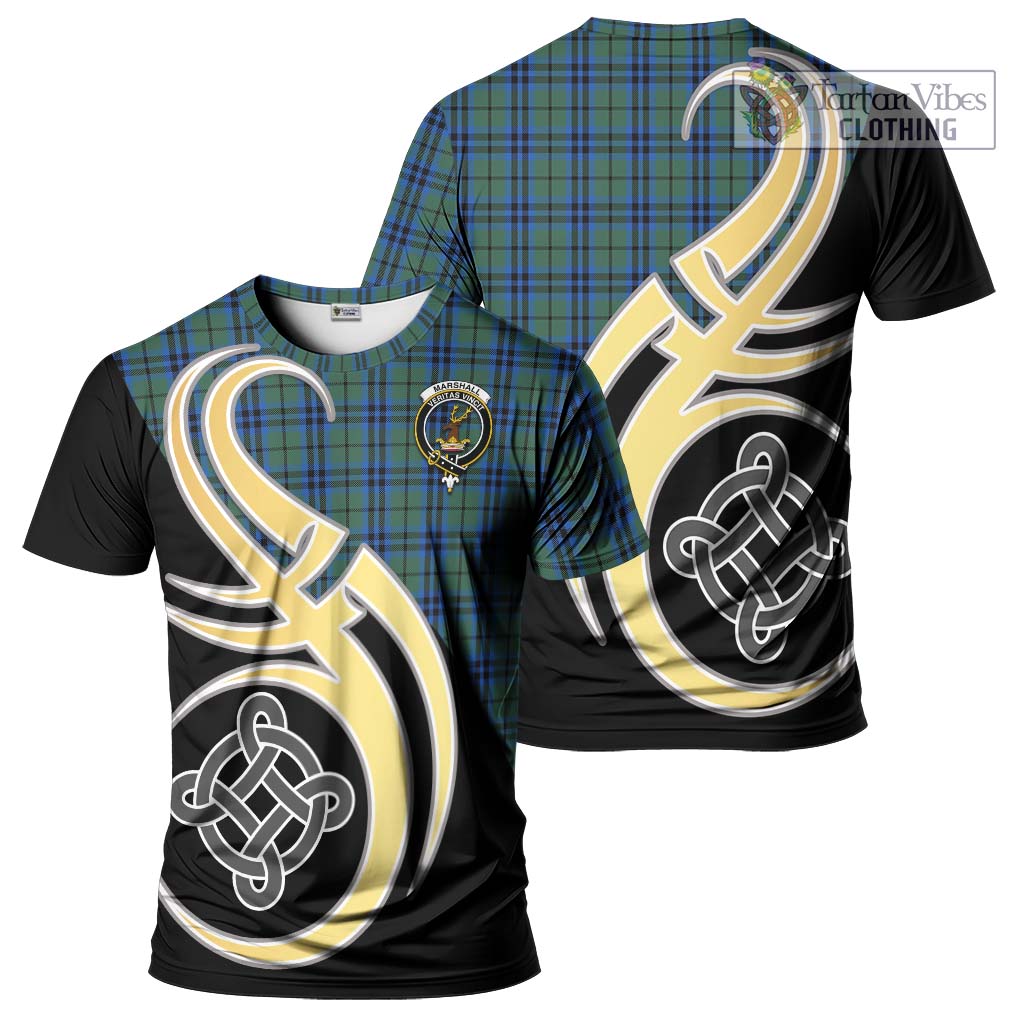 Tartan Vibes Clothing Marshall Tartan T-Shirt with Family Crest and Celtic Symbol Style