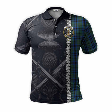 Marshall Tartan Polo Shirt with Family Crest Cross Sword Thistle Celtic Vibes