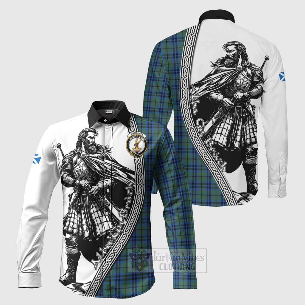 Marshall Tartan Clan Crest Long Sleeve Button Shirt with Highlander Warrior Celtic Style Men's Shirt S - Tartan Vibes Clothing