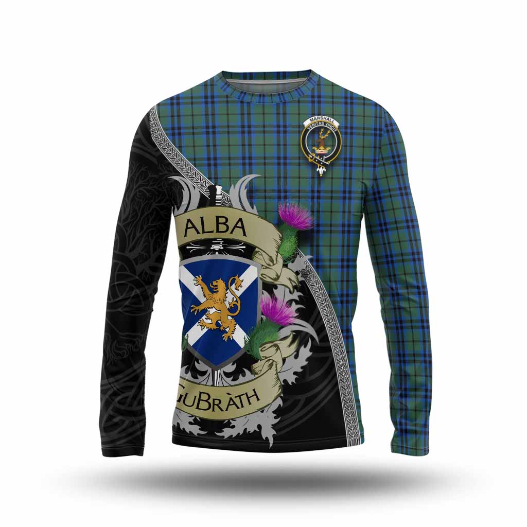 Marshall Tartan Family Crest Long Sleeve T-Shirt Lion Rampant Royal Thistle Shield Celtic Inspired Unisex - Tartan Vibes Clothing