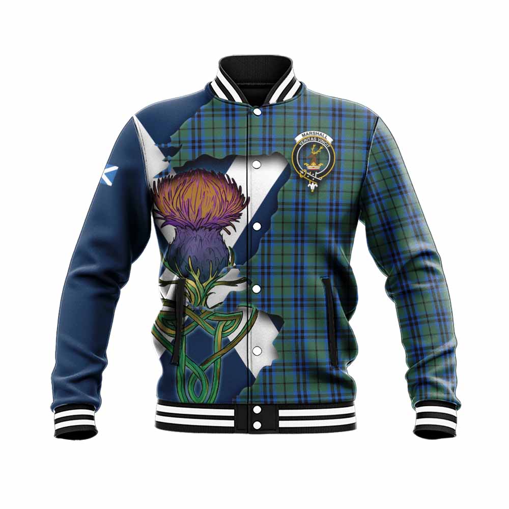 Marshall Tartan Family Crest Baseball Jacket Scottish Thistle Celtic Inspired Unisex - Tartan Vibes Clothing