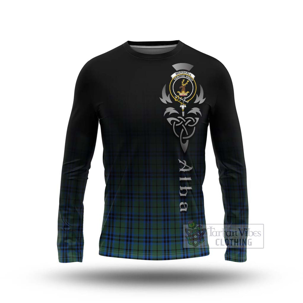 Tartan Vibes Clothing Marshall Tartan Long Sleeve T-Shirt Featuring Alba Gu Brath Family Crest Celtic Inspired