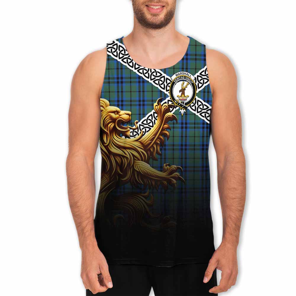 Marshall Crest Tartan Men's Tank Top with Golden Lion Emblem Celtic Style Men - Tartan Vibes Clothing