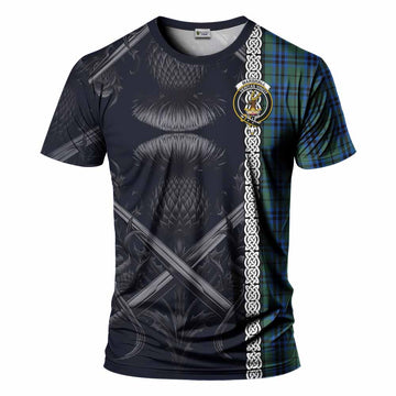 Marshall Tartan T-Shirt with Family Crest Cross Sword Thistle Celtic Vibes