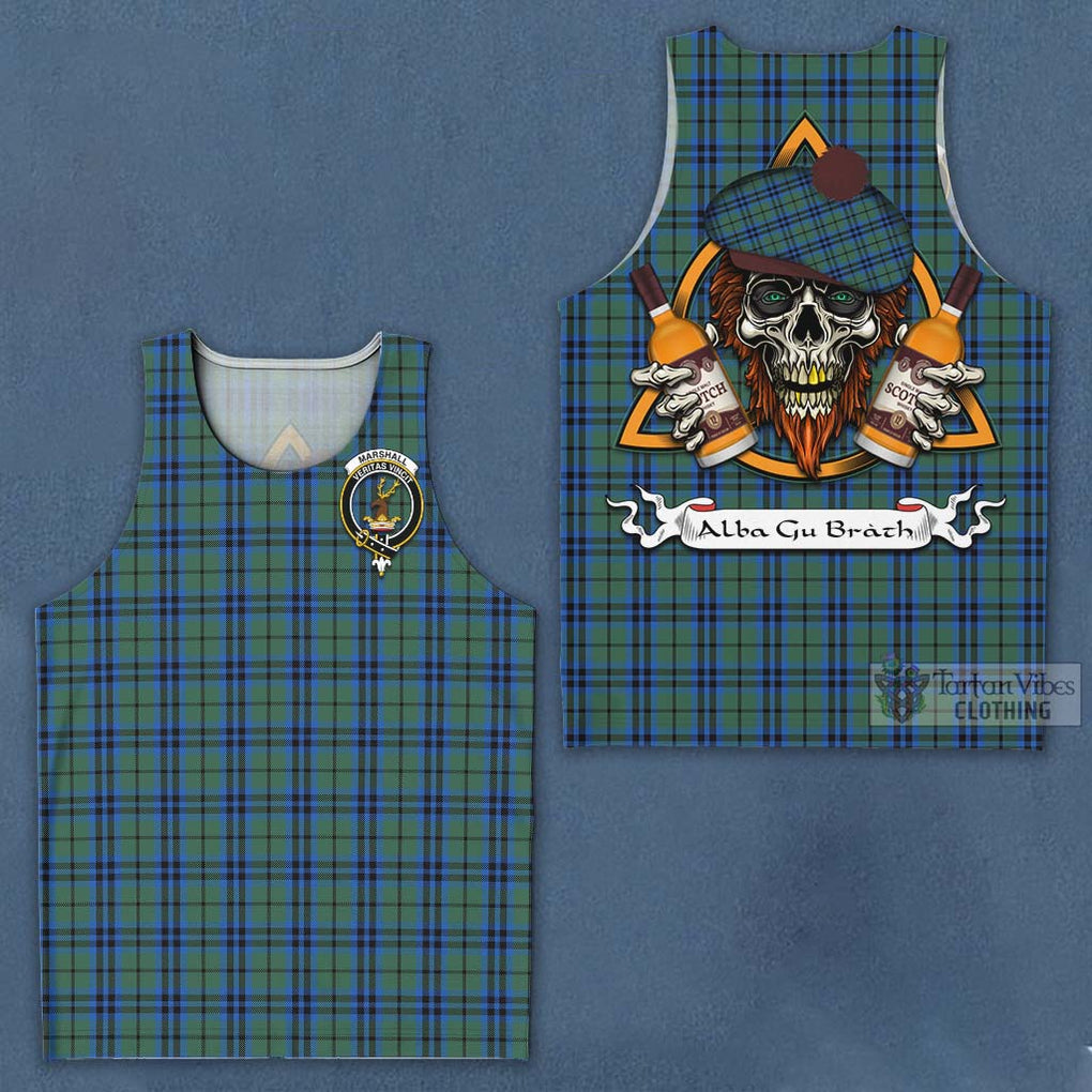 Tartan Vibes Clothing Marshall Tartan Men's Tank Top with Family Crest and Bearded Skull Holding Bottles of Whiskey