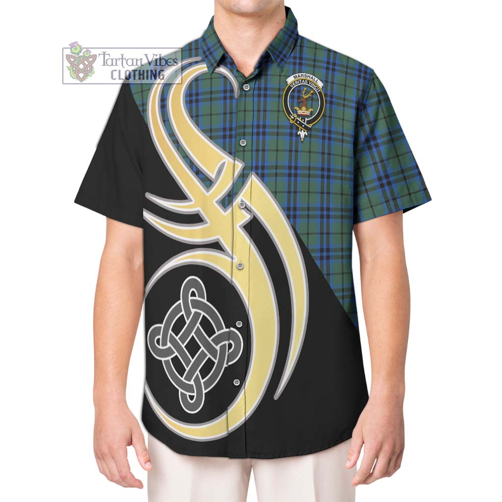 Marshall Tartan Short Sleeve Button Shirt with Family Crest and Celtic Symbol Style Kid - Tartan Vibes Clothing