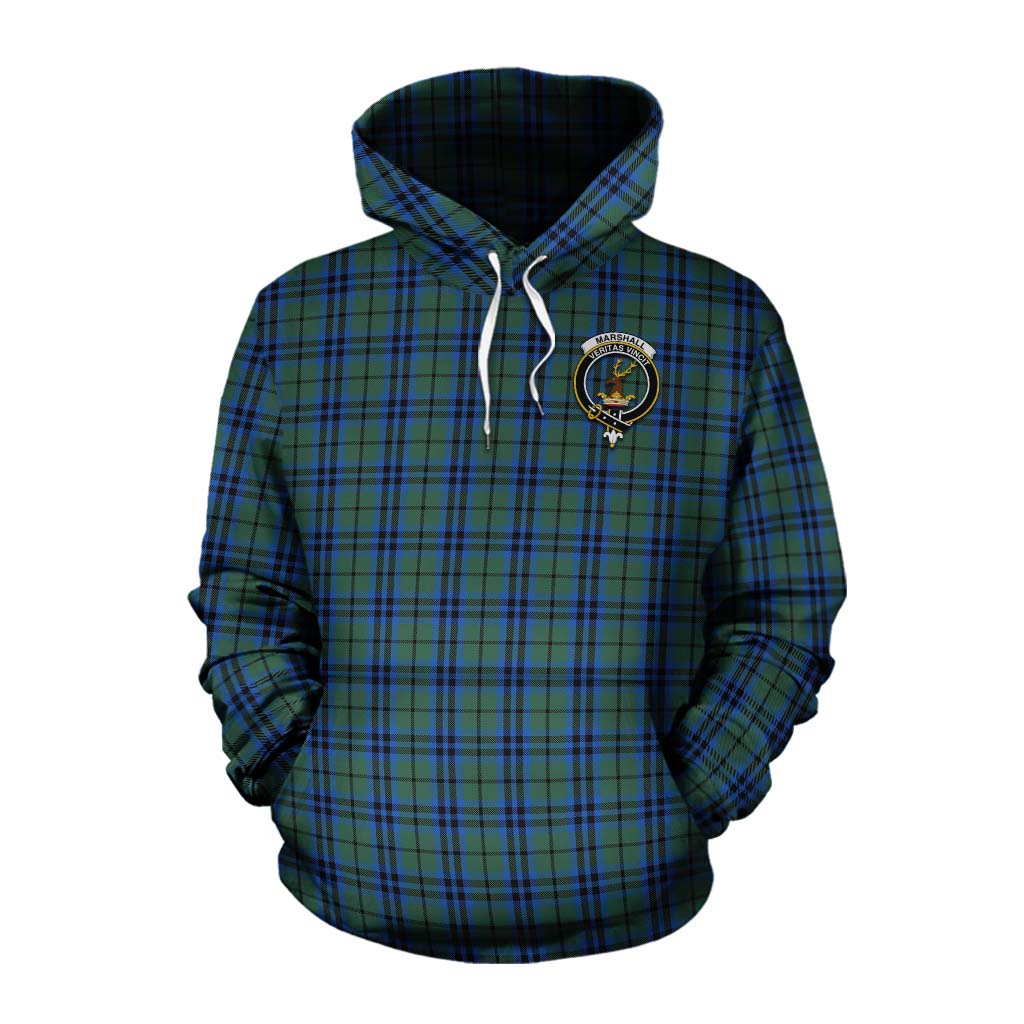 Tartan Vibes Clothing Marshall Tartan Cotton Hoodie with Family Crest and Bearded Skull Holding Bottles of Whiskey