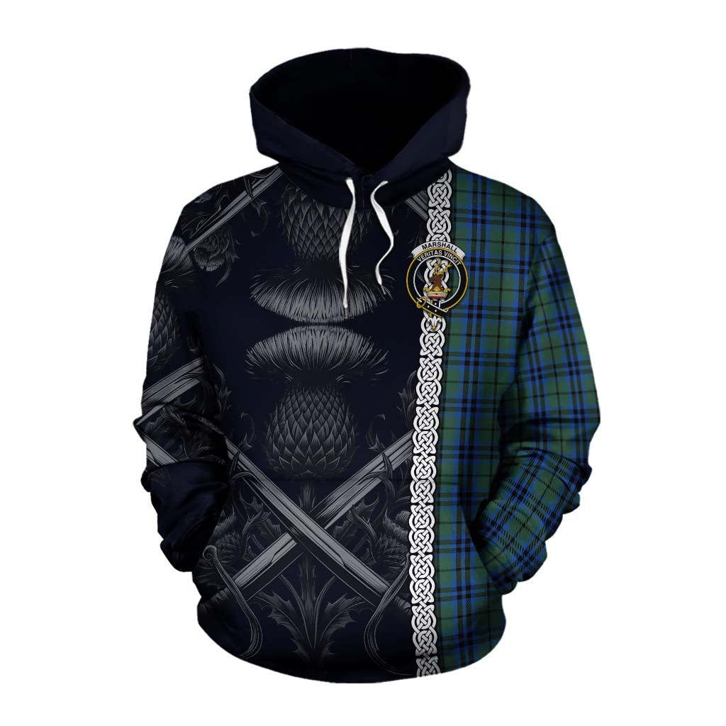 Tartan Vibes Clothing Marshall Tartan Cotton Hoodie with Family Crest Cross Sword Thistle Celtic Vibes