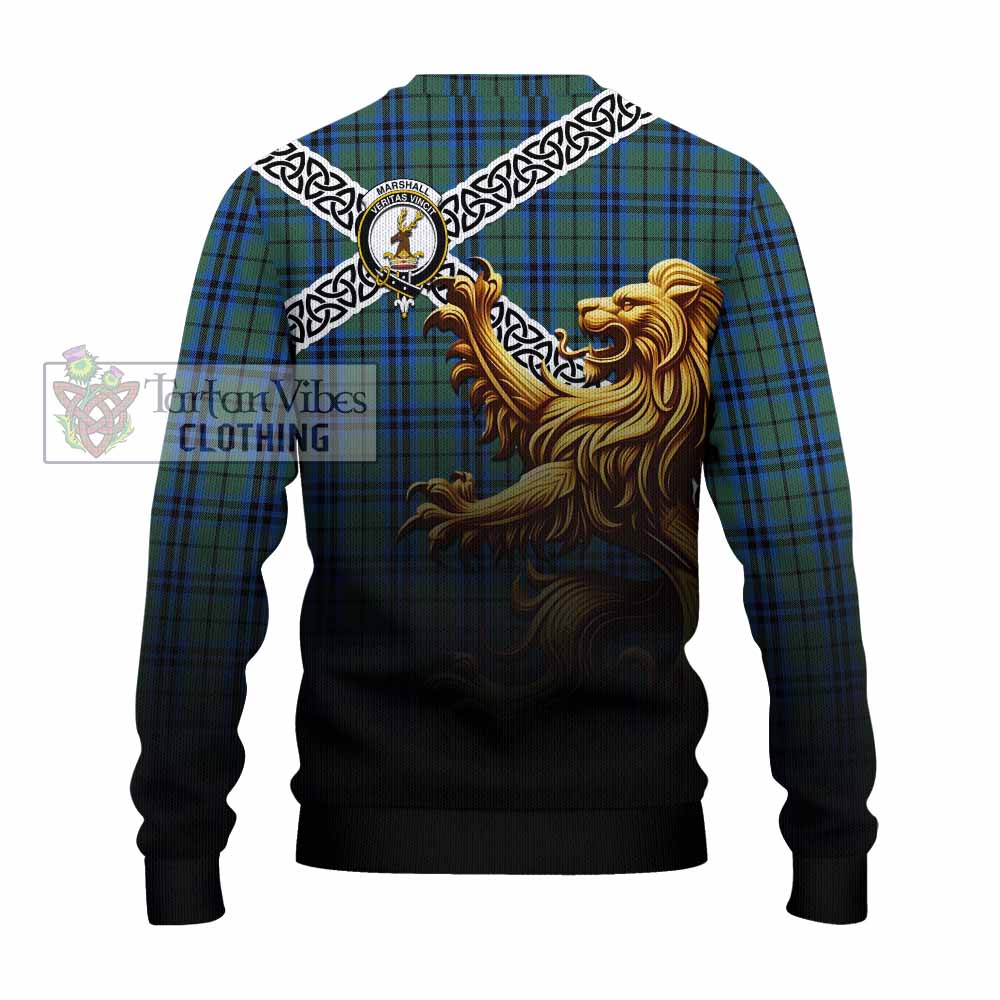 Marshall Crest Tartan Knitted Sweater with Golden Lion Emblem Celtic Style - Tartan Vibes Clothing