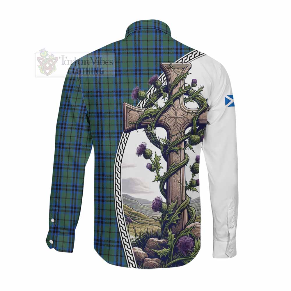 Marshall Tartan Long Sleeve Button Shirt with Family Crest and St. Andrew's Cross Accented by Thistle Vines Men's Shirt - Tartan Vibes Clothing