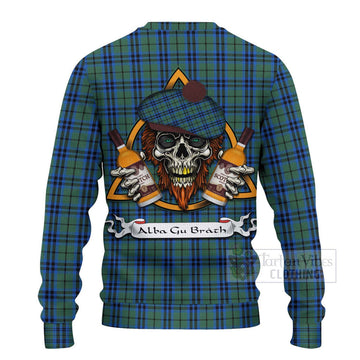 Marshall Tartan Ugly Sweater with Family Crest and Bearded Skull Holding Bottles of Whiskey