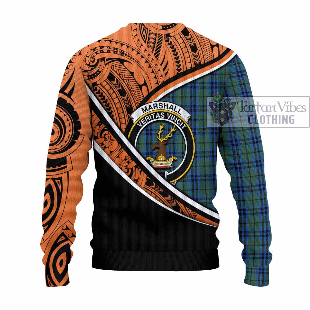 Tartan Vibes Clothing Marshall Crest Tartan Knitted Sweater with Maori Tattoo Style - Orange Version