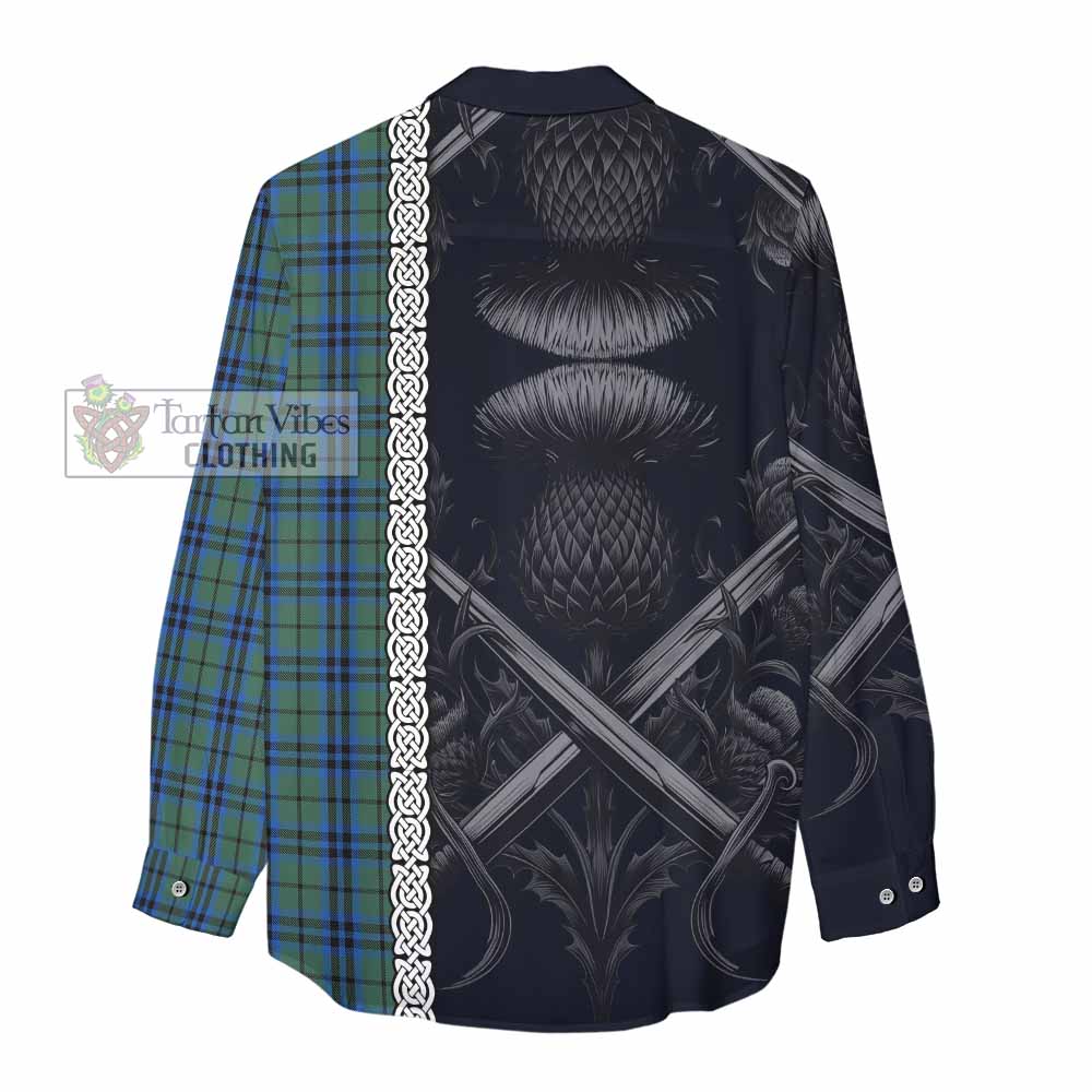 Tartan Vibes Clothing Marshall Tartan Women's Casual Shirt with Family Crest Cross Sword Thistle Celtic Vibes