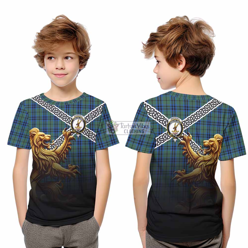 Marshall Crest Tartan Kid T-Shirt with Golden Lion Emblem Celtic Style - Tartan Vibes Clothing