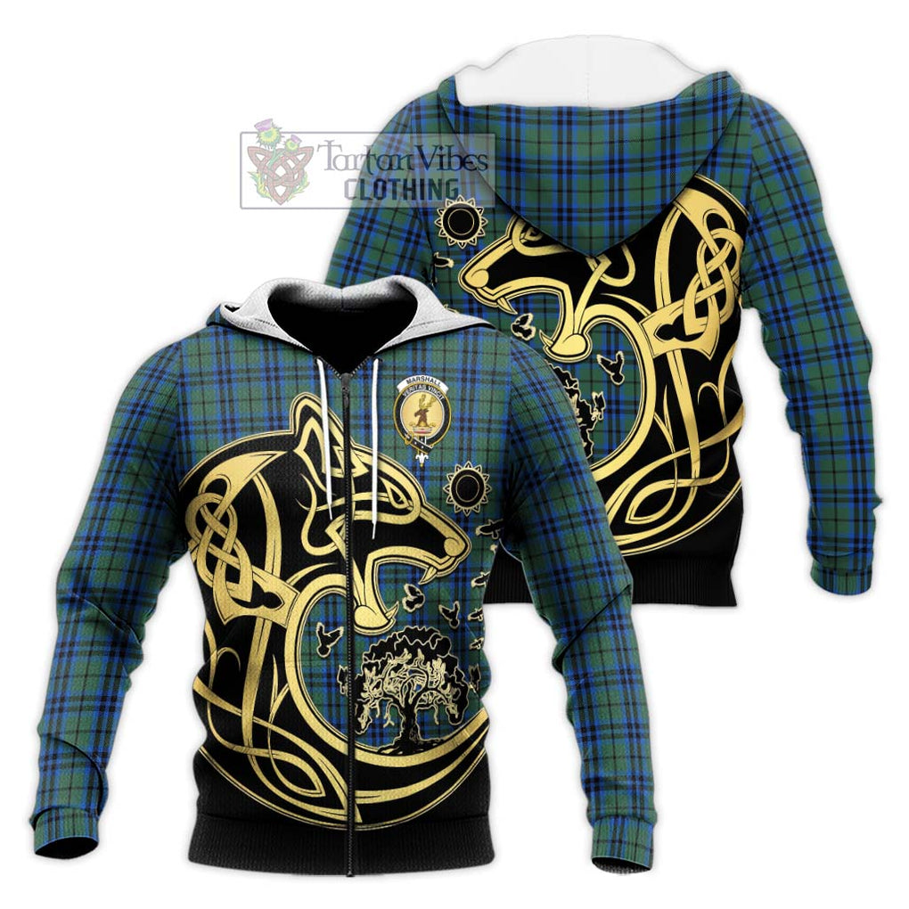 Marshall Tartan Knitted Hoodie with Family Crest Celtic Wolf Style Unisex Knitted Zip Hoodie - Tartan Vibes Clothing