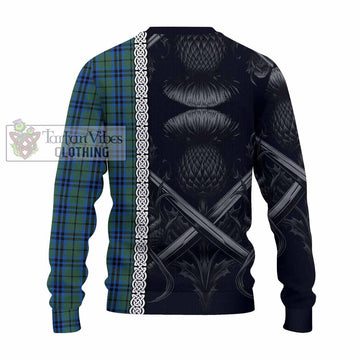 Marshall Tartan Knitted Sweater with Family Crest Cross Sword Thistle Celtic Vibes