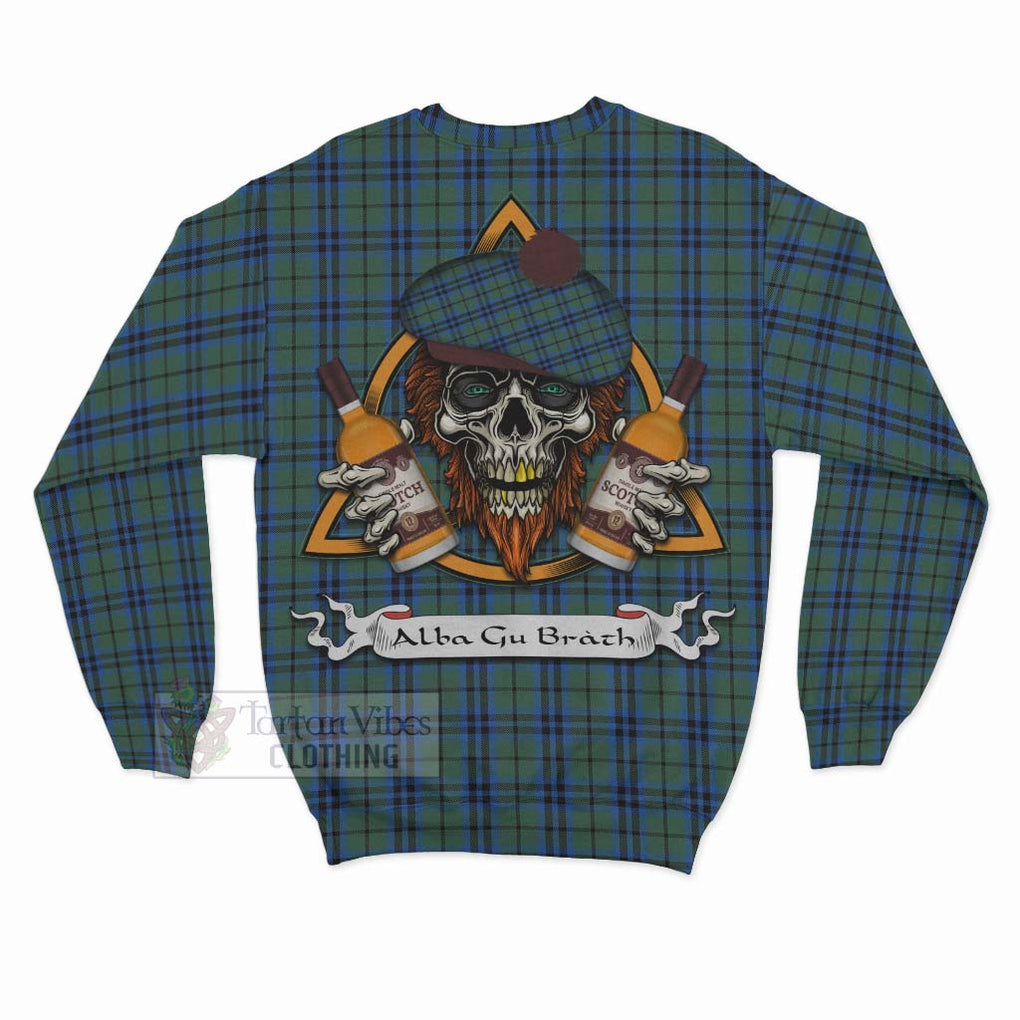 Tartan Vibes Clothing Marshall Tartan Sweatshirt with Family Crest and Bearded Skull Holding Bottles of Whiskey