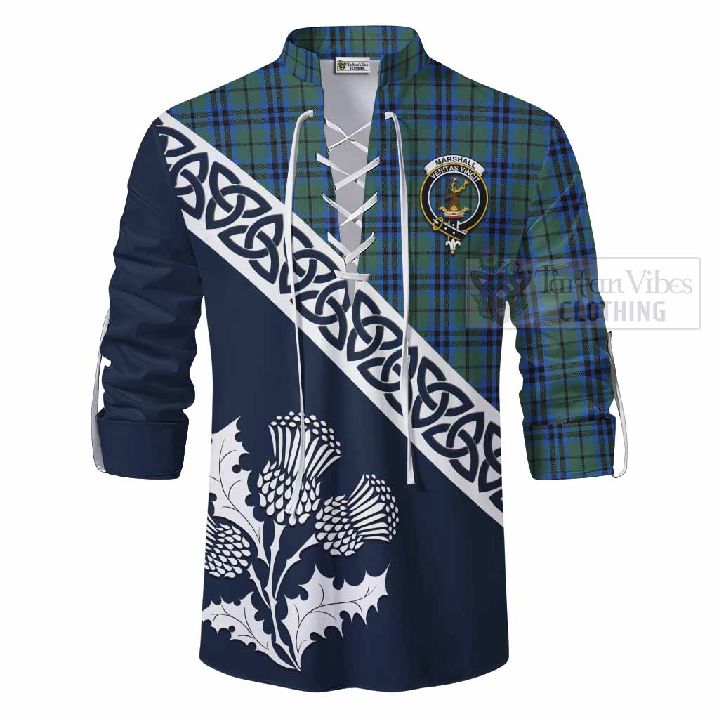 Tartan Vibes Clothing Marshall Tartan Ghillie Kilt Shirt Featuring Thistle and Scotland Map