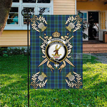 Marshall Tartan Flag with Family Crest and Golden Thistle Crossed Sword Design