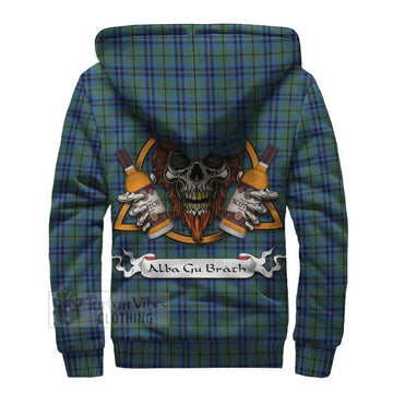 Marshall Tartan Sherpa Hoodie with Family Crest and Bearded Skull Holding Bottles of Whiskey