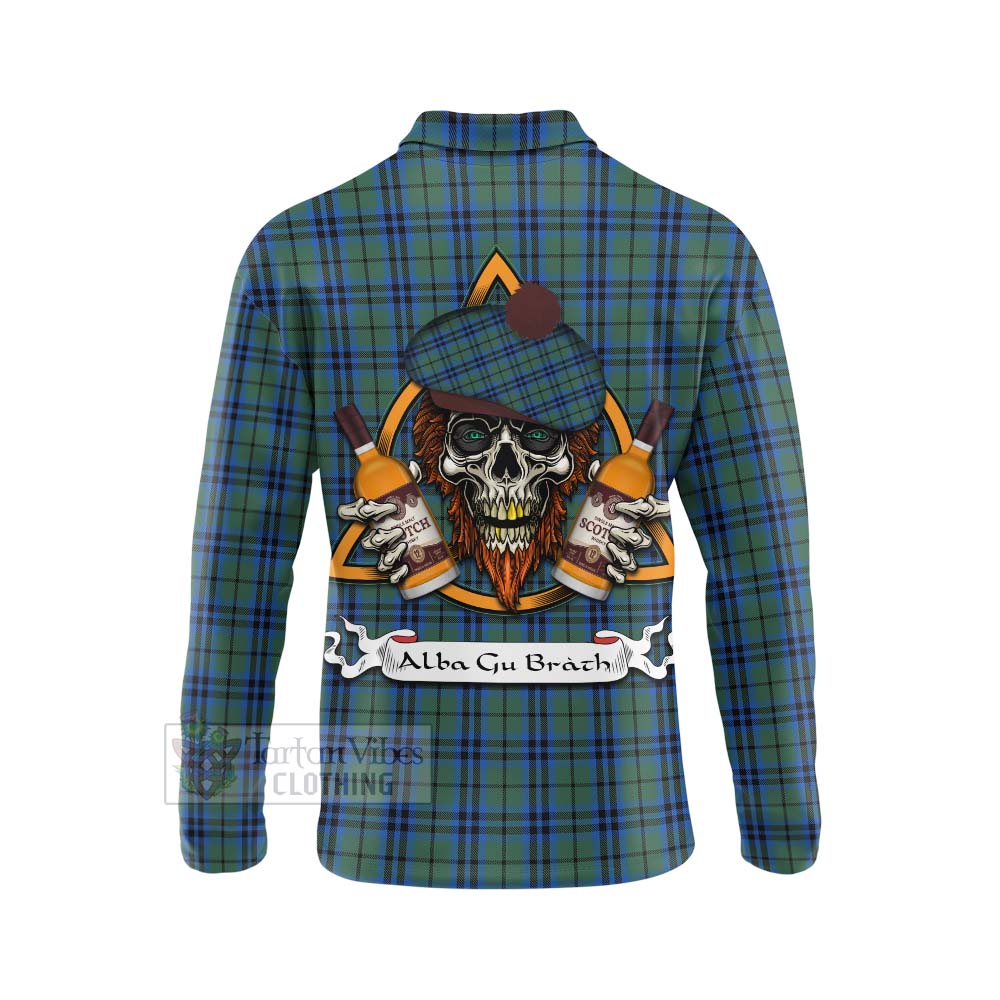 Tartan Vibes Clothing Marshall Tartan Long Sleeve Polo Shirt with Family Crest and Bearded Skull Holding Bottles of Whiskey