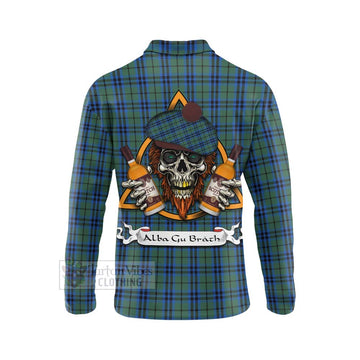 Marshall Tartan Long Sleeve Polo Shirt with Family Crest and Bearded Skull Holding Bottles of Whiskey