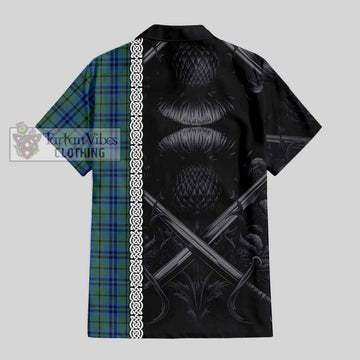 Marshall Tartan Short Sleeve Button Shirt with Family Crest Cross Sword Thistle Celtic Vibes