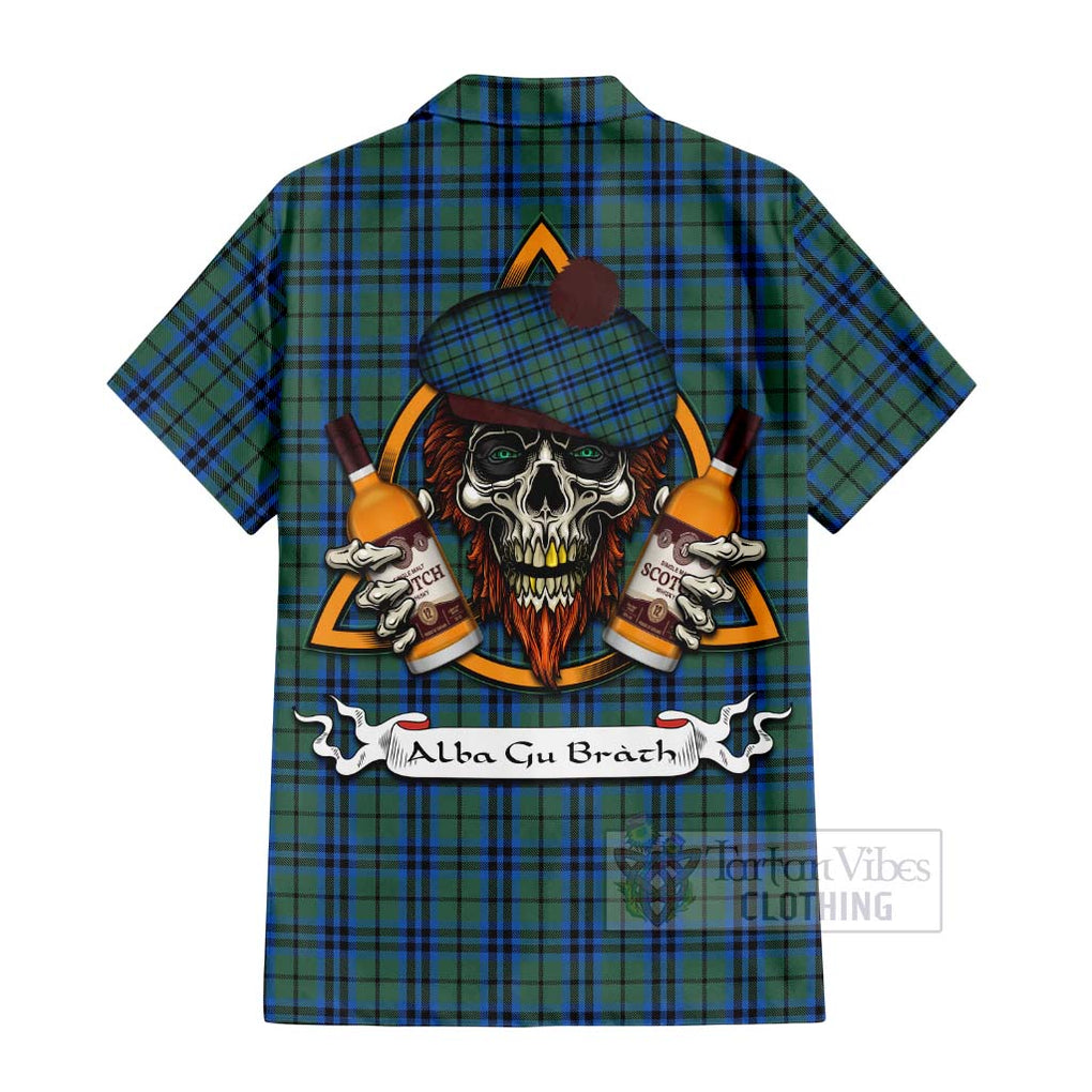 Tartan Vibes Clothing Marshall Tartan Short Sleeve Button Shirt with Family Crest and Bearded Skull Holding Bottles of Whiskey