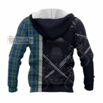 Marshall Tartan Knitted Hoodie with Family Crest Cross Sword Thistle Celtic Vibes