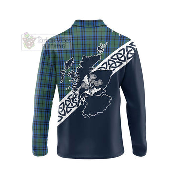 Marshall Tartan Long Sleeve Polo Shirt Featuring Thistle and Scotland Map