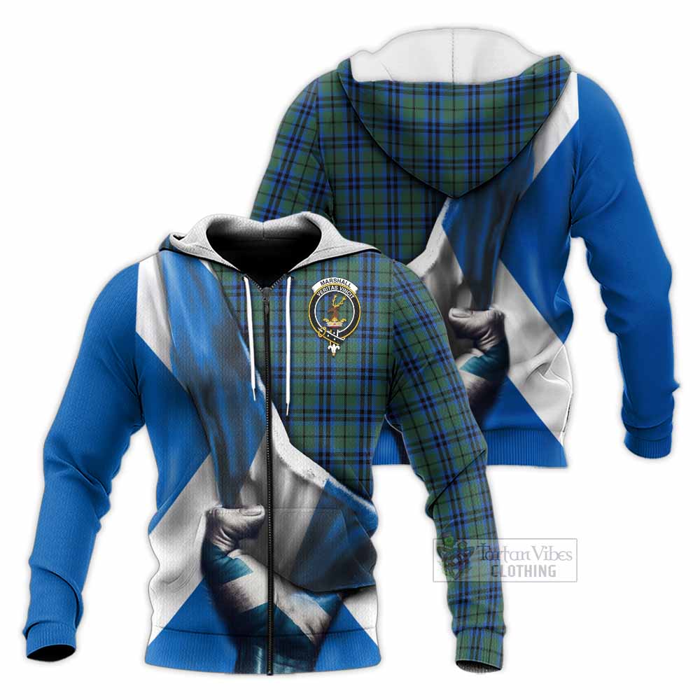 Tartan Vibes Clothing Marshall Tartan Knitted Hoodie with Family Crest Scotland Patriotic Style