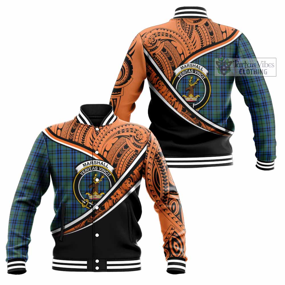 Tartan Vibes Clothing Marshall Crest Tartan Baseball Jacket with Maori Tattoo Style - Orange Version