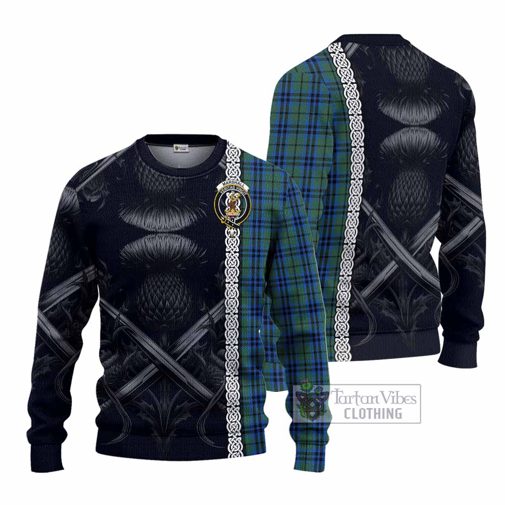 Marshall Tartan Knitted Sweater with Family Crest Cross Sword Thistle Celtic Vibes - Tartan Vibes Clothing