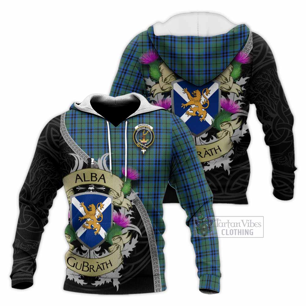 Marshall Tartan Family Crest Knitted Hoodie Lion Rampant Royal Thistle Shield Celtic Inspired - Tartan Vibes Clothing