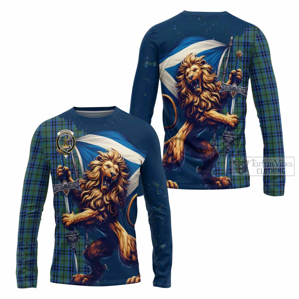 Tartan Vibes Clothing Marshall Tartan Family Crest Long Sleeve T-Shirt with Scottish Majestic Lion