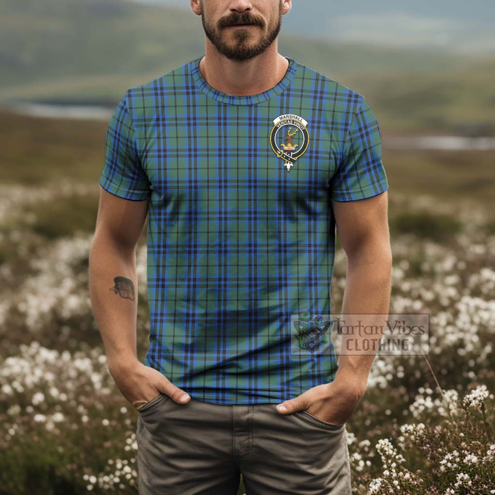 Tartan Vibes Clothing Marshall Tartan T-Shirt with Family Crest and Bearded Skull Holding Bottles of Whiskey