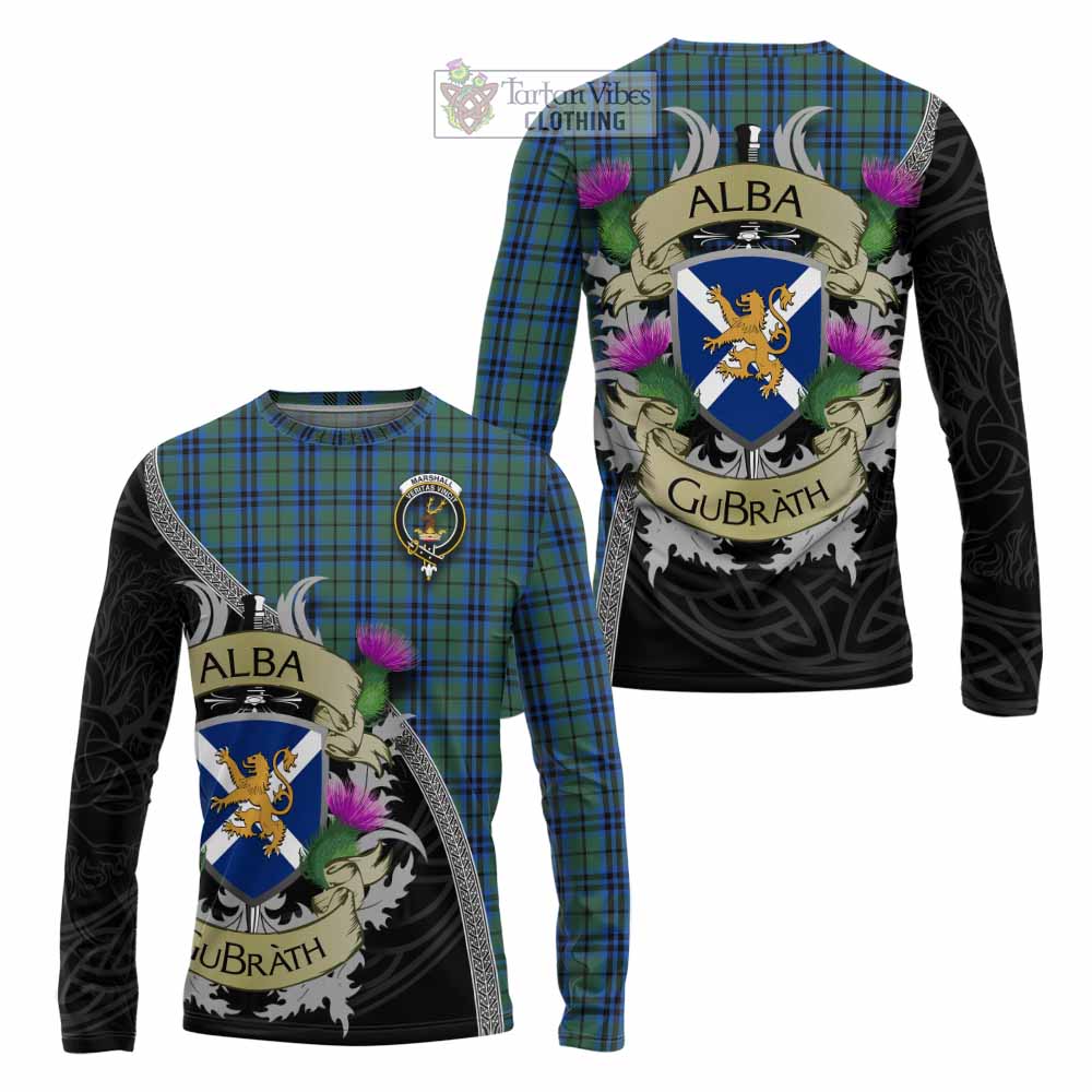 Marshall Tartan Family Crest Long Sleeve T-Shirt Lion Rampant Royal Thistle Shield Celtic Inspired - Tartan Vibes Clothing