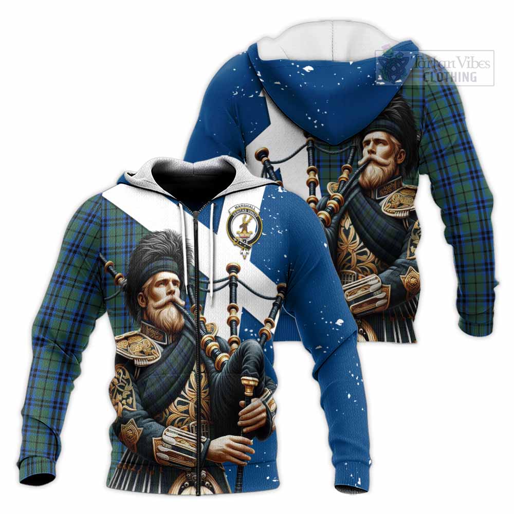 Tartan Vibes Clothing Marshall Tartan Knitted Hoodie with Family Crest Scottish Bagpiper Vibes