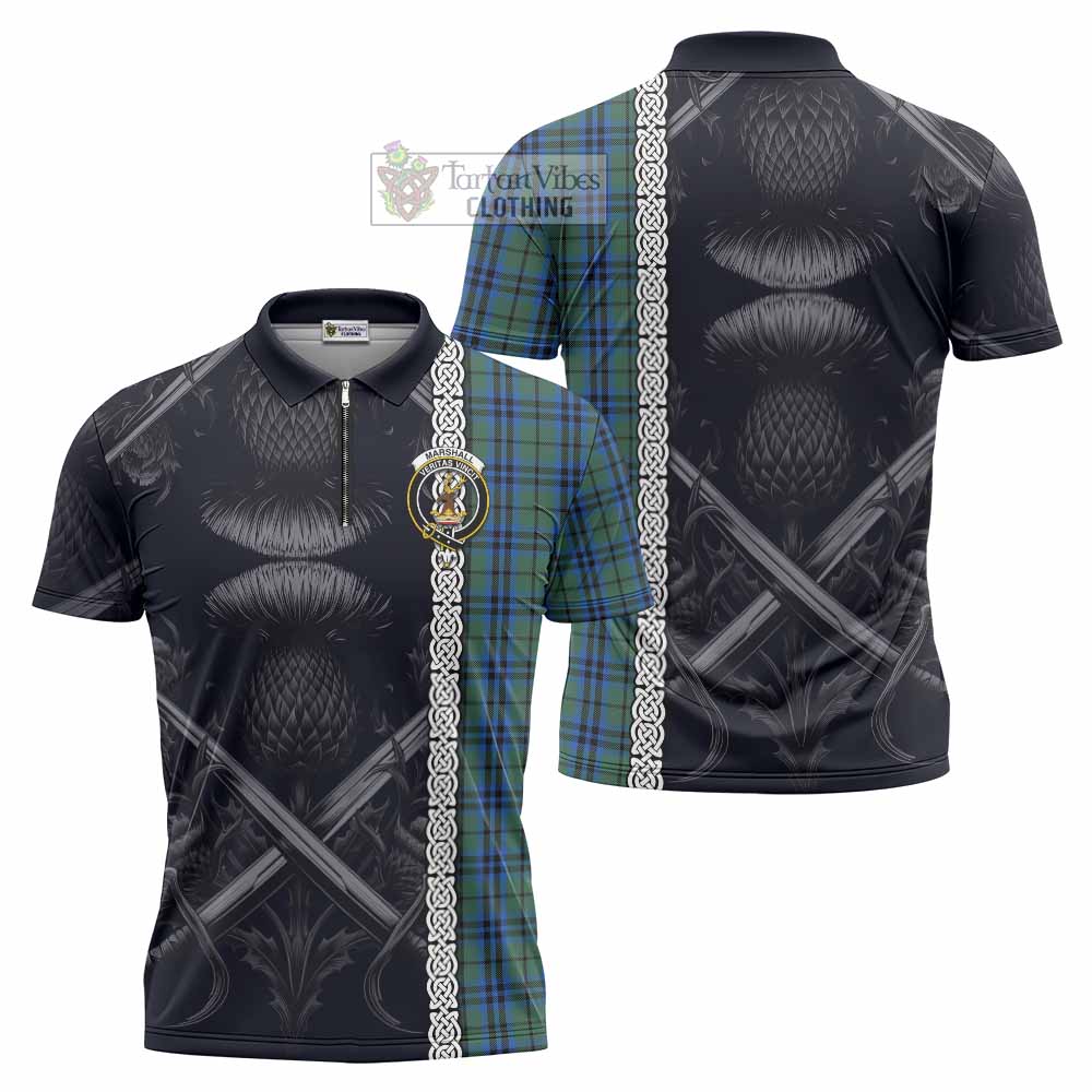 Tartan Vibes Clothing Marshall Tartan Zipper Polo Shirt with Family Crest Cross Sword Thistle Celtic Vibes